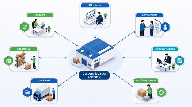 Infografica sulla gestione logistica aziendale nelle PMI con collegamenti tra magazzino, acquisti, commerciale, amministrazione, direzione, spedizioni e post-vendita
