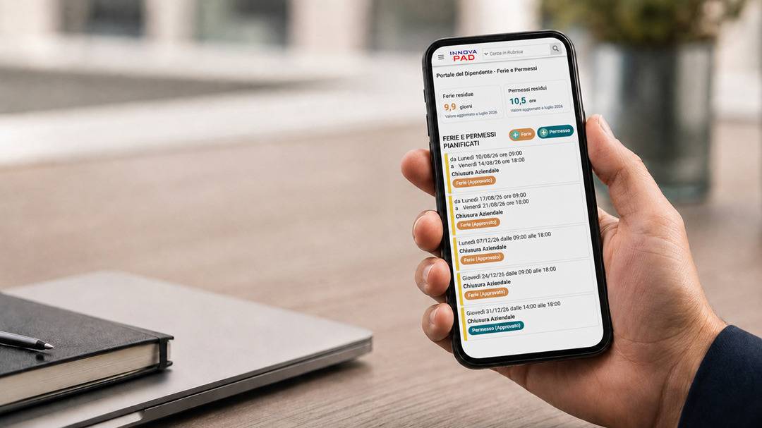 Portale del Dipendente InnovaPAD con ferie residue, permessi e richieste pianificate da smartphone