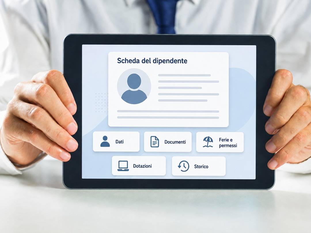 Tablet con scheda dipendente digitale, dati, documenti, ferie, dotazioni e storico